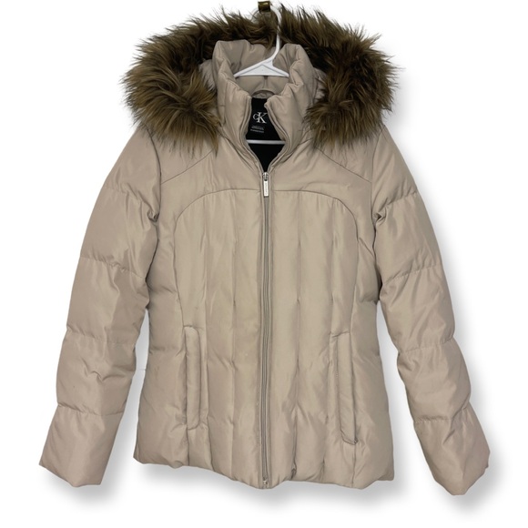 Calvin Klein Faux Fur Trim Hooded Duck Down Puffer Coat Women’s Small - Picture 1 of 11